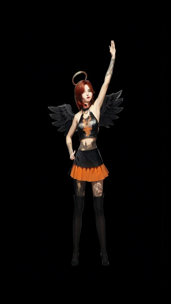 A beautiful girl with red hair, de corpo inteiro, skin fair, short black skirt with orange detail, um cropped preto, with black wings and halo over the head.