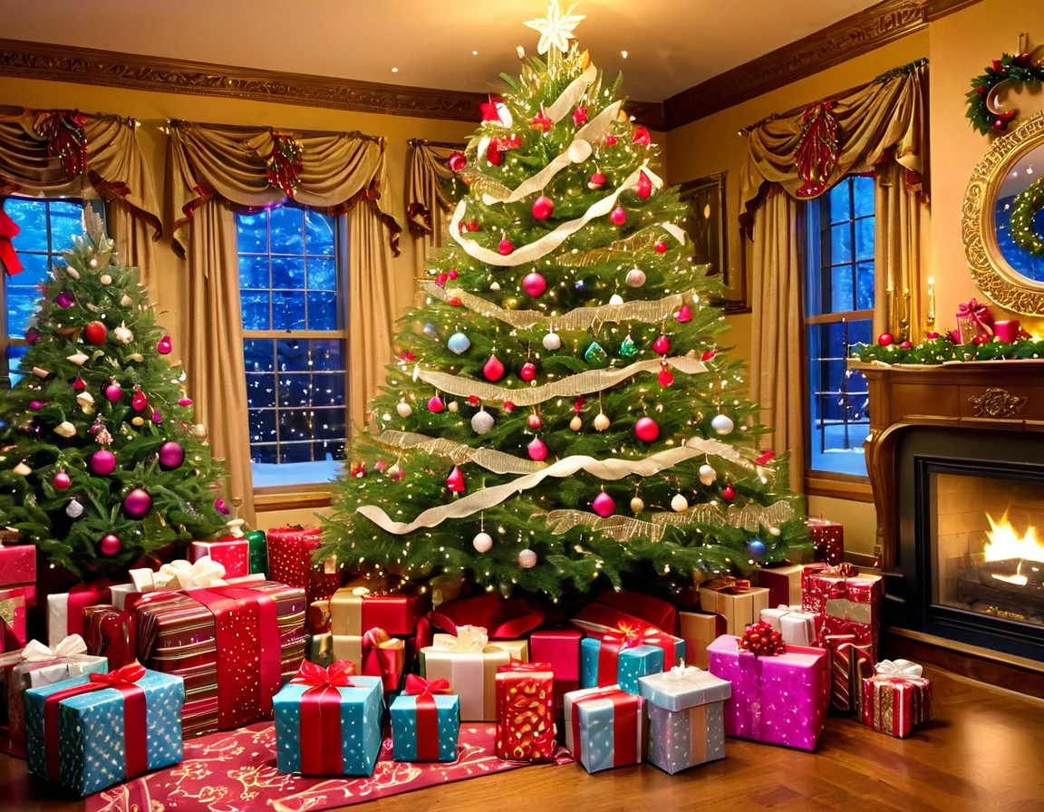 A beautifully decorated Christmas tree with ornate ornaments, surrounded by wrapped presents.