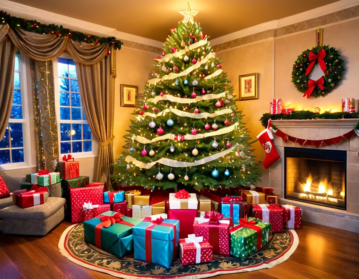 A beautifully decorated Christmas tree with ornate ornaments, surrounded by wrapped presents.
