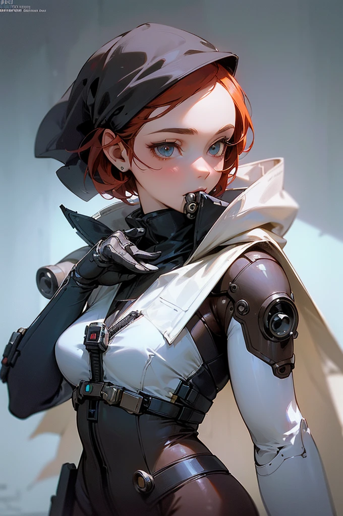 (masterpiece), best quality, hyperrealistic masterpiece, superheroine girl (((mech sci-fi aesthetic style in extremely detailed tech tight plugsuit, frostpunk style))) ((with high scarf to the mouth & white cape)), cinematic illumination: 8k, (((short redhead hair))), detailed perfect skin, intricate perfect beauty face, detailed sharp eyes, detailed eyes and pupils, (((from face to the waist))), (((beauty slim shape))), 4k, UHD
