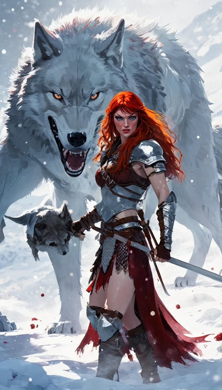 A fierce redhead warrior, Red Sonja, with her companion a huge giant wolf in a snowy landscape, blood stains on the pristine white snow , ultra detailed,,vivid colors,bokeh,portraits,concept art,dramatic lighting,cold tones,snow, ice, winter, art inspired by Bill Sienkiewicz
