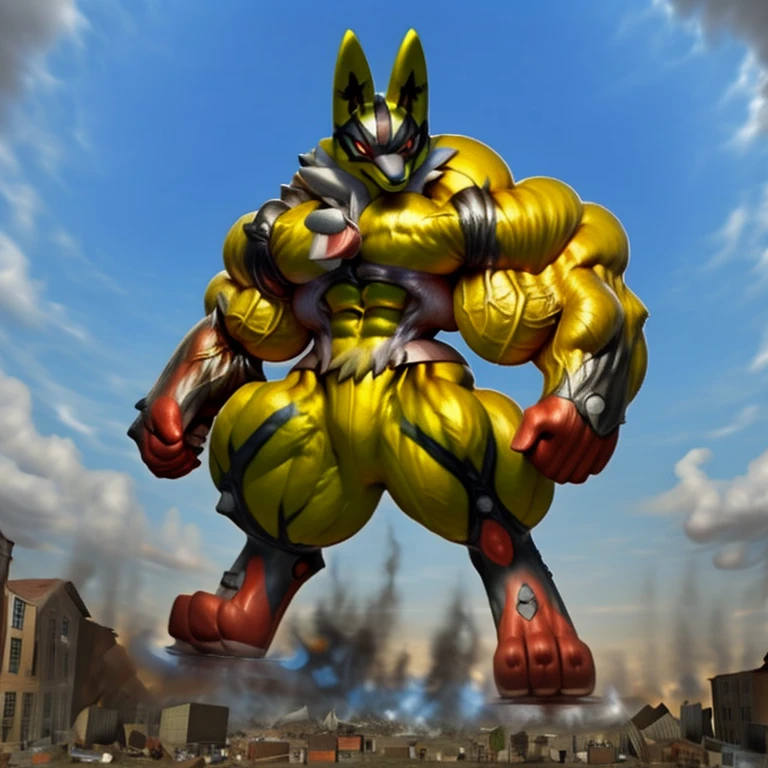 (masterpiece. official art. 8k. best quality. detailed full body. full body. solo)
(situation 1 : dominating LUCARIO. LUCARIO is over 1000 meters long. focus GIANT mechanical Muscular LUCARIO is trampling the city. Looking down. macro. stomp. Low-angle perspective. emphasizing the immense size.)
(situation 2 :smoke and flames rising from the destruction in the city)
(Additional details 2: (Detailed head. Detailed Body. Detailed abs. gigantic muscles. HYPER MUSCLES. Gigachad Muscular. big muscle. pecs. triceps. traps. unusually developed muscular body. body full of huge muscles. showing off muscles. pectorales enormes. Exaggeratedly huge muscles. huge muscles. long legs.).