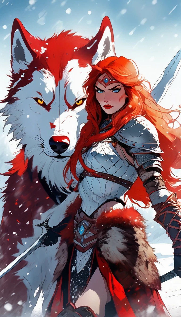 A fierce redhead warrior, Red Sonja, with her companion a huge giant wolf in a snowy landscape, blood stains on the pristine white snow , ultra detailed,,vivid colors,bokeh,portraits,concept art,dramatic lighting,cold tones,snow, ice, winter, art inspired by Bill Sienkiewicz