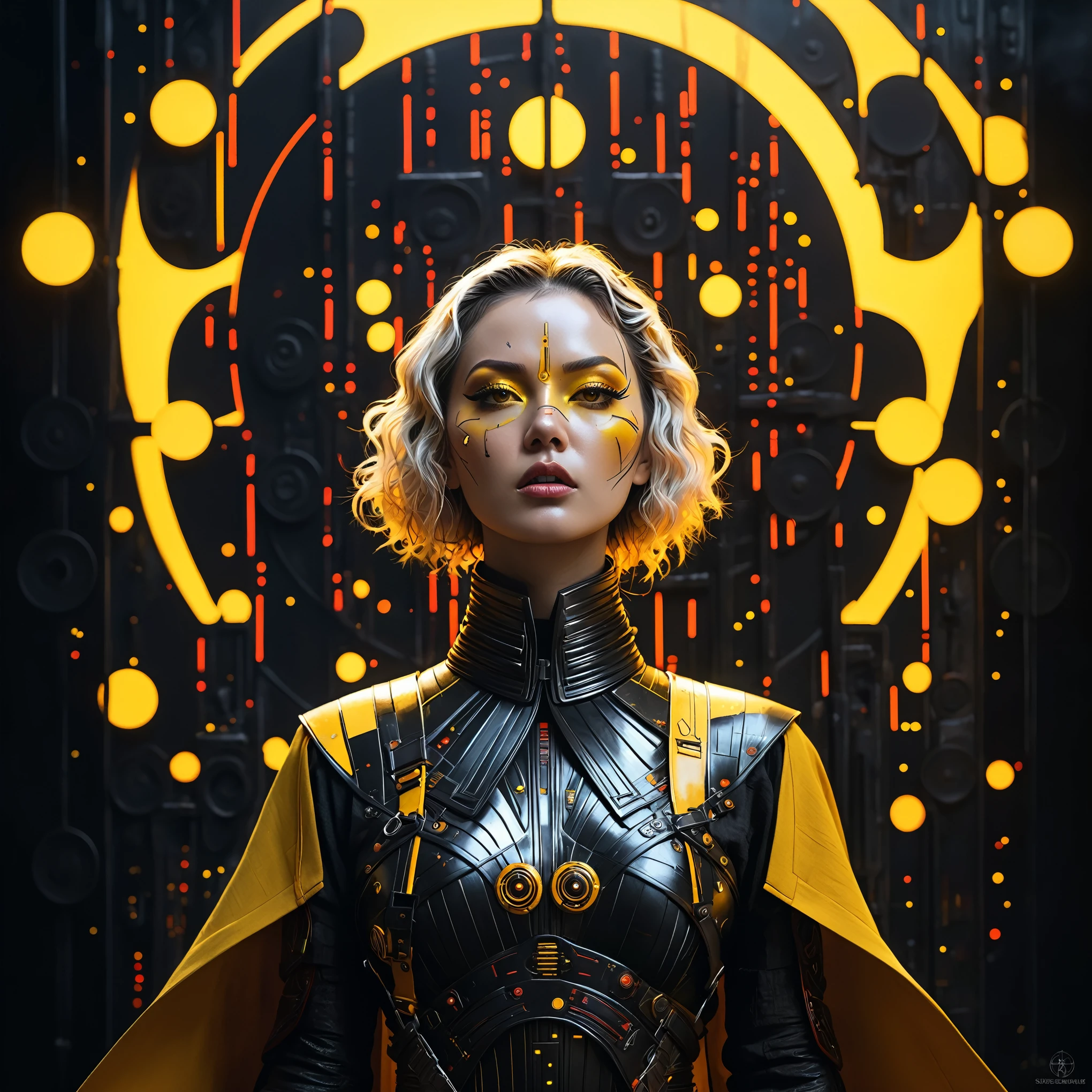 bdsm, collar cyberpunk Samurai jacket, (female, yellow skin:1.74), Large linen cape, (nice face, very angry:1.3), (bdsm harness, tight huge massive firm breasts:1.5), surrounded by a detailed spacescape with translucent dark-amber Highlights, (black neon, emissive), (yellow particules, hyper-detailed,:1.2) sharp, high resolution, high quality, 32K, Ultra realistic, HD, super detailed, line art, abstract style, (full body, shinny, wavy hair:1.2), (star wars inquisitor:1.3), (circle hard powerful black white orange red hard fire neon:1.2)