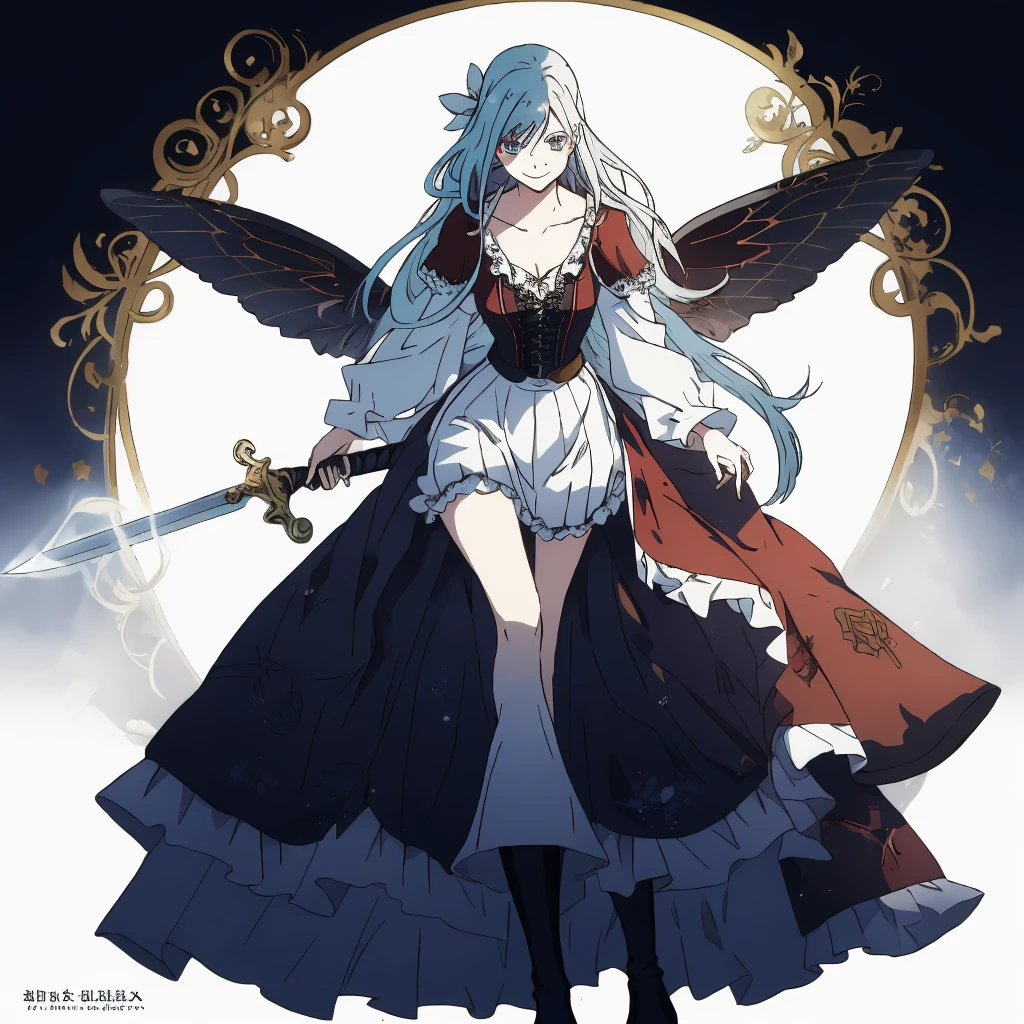  ((best quality)), ((masterpiece)), (detailed), 1girl, Character design, female, dynamic poses, ((long blue hair)), grey white eyes, very skinny, detailed, best quality, no accesoires around the neck, prominent collarbones, skinny arms, full body, blank white background, plain background, white background, ((red and white clothing)), Bloodborne inspired, occult aesthetic, occult, detailed and intricate steampunk and detailed gothic, Very dramatic and cinematic lighting, cosmic horror, grim-dark, side-lighting, perfect face,  Fluttering lace flared long knee length dress with frilly petticoats, knee length dress, pleated petticoats, petticoats gothic, complex lace boots, side-lighting, gothic aesthetic, wielding a mighty sword with mechanical components, mandalas, small breasts, a fairy, various different types of insect wings,full body, whole body, white holy clothes,white holy clothes,((evil smile)),(blue hair),she has a big sword in her hand,