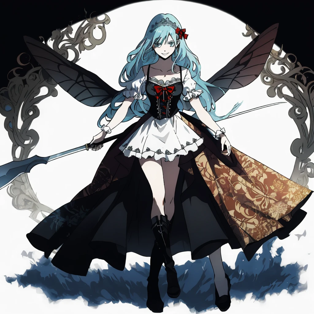  ((best quality)), ((masterpiece)), (detailed), 1girl, Character design, female, dynamic poses, ((long blue hair)), grey white eyes, very skinny, detailed, best quality, no accesoires around the neck, prominent collarbones, skinny arms, full body, blank white background, plain background, white background, ((red and white clothing)), Bloodborne inspired, occult aesthetic, occult, detailed and intricate steampunk and detailed gothic, Very dramatic and cinematic lighting, cosmic horror, grim-dark, side-lighting, perfect face,  Fluttering lace flared long knee length dress with frilly petticoats, knee length dress, pleated petticoats, petticoats gothic, complex lace boots, side-lighting, gothic aesthetic, wielding a mighty sword with mechanical components, mandalas, small breasts, a fairy, various different types of insect wings,full body, whole body, white holy clothes,white holy clothes,((evil smile)),(blue hair),she has a big sword in her hand,