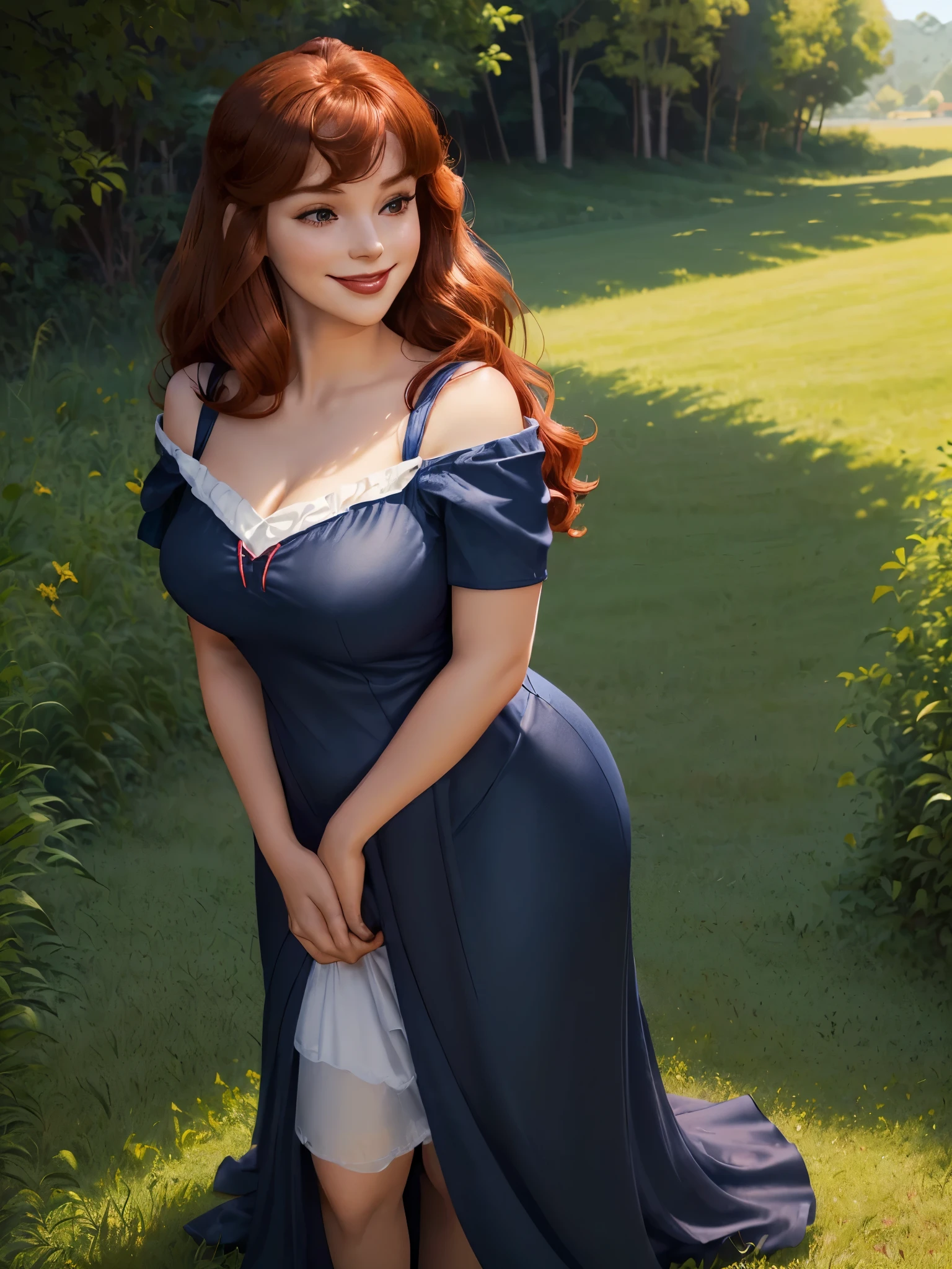 (((1 girl))) DisneyAurora, 27 years old, full body view Beautiful woman (((shoulder length wavy auburn hair, two side up with bangs))) defined body, voluptuous, sexy, Red lipstick, hands free, (((mouth slightly open, smiling))) (((standing facing camera))) ((( short sleeve, navy blue nightgown ))), in a sunlit grassy field (large_breasts:1.2) (curvy:1.1)(chubby:0.9)