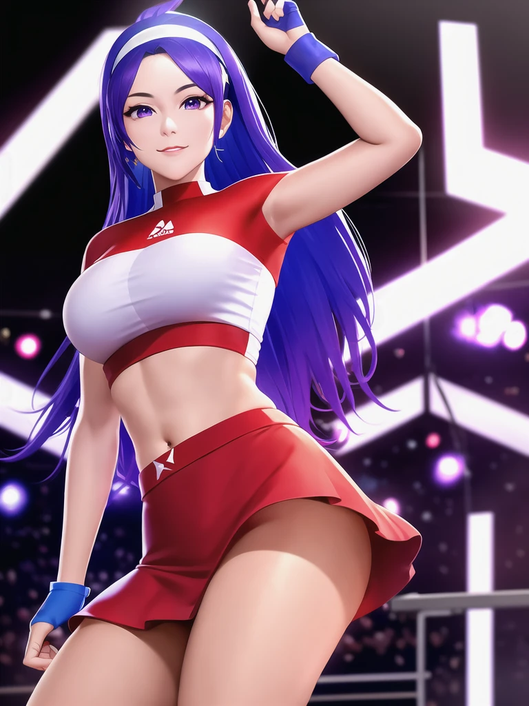 20-year-old woman, alone, alone, athletic, sexy body, wears a short red skirt and blue shorts under the skirt, wears a red and blue top close to her body, wears blue exercise gloves that cover almost her entire forearm, headband on her head with a star, long blue hair, blue sneakers, looks at the viewer very happy, cinematic, ultra-sharp focus, award-winning photography, perfect contrast, high sharpness, depth of field. ultra detailed photography, global illumination, fluid, ultra high definition, 8k, Unreal Engine 5, ultra sharp focus, award winning photography, art season trends,
