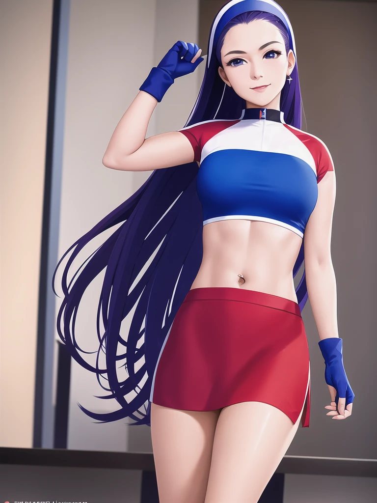 20-year-old woman, alone, alone, athletic, sexy body, wears a short red skirt and blue shorts under the skirt, wears a red and blue top close to her body, wears blue exercise gloves that cover almost her entire forearm, headband on her head with a star, long blue hair, blue sneakers, looks at the viewer very happy, cinematic, ultra-sharp focus, award-winning photography, perfect contrast, high sharpness, depth of field. ultra detailed photography, global illumination, fluid, ultra high definition, 8k, Unreal Engine 5, ultra sharp focus, award winning photography, art season trends,
