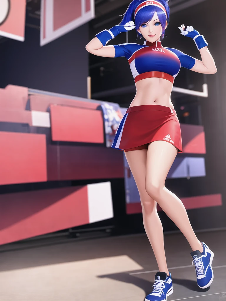 20-year-old woman, alone, alone, athletic, sexy body, wears a short red skirt and blue shorts under the skirt, wears a red and blue top close to her body, wears blue exercise gloves that cover almost her entire forearm, headband on her head with a star, long blue hair, blue sneakers, looks at the viewer very happy, cinematic, ultra-sharp focus, award-winning photography, perfect contrast, high sharpness, depth of field. ultra detailed photography, global illumination, fluid, ultra high definition, 8k, Unreal Engine 5, ultra sharp focus, award winning photography, art season trends,
