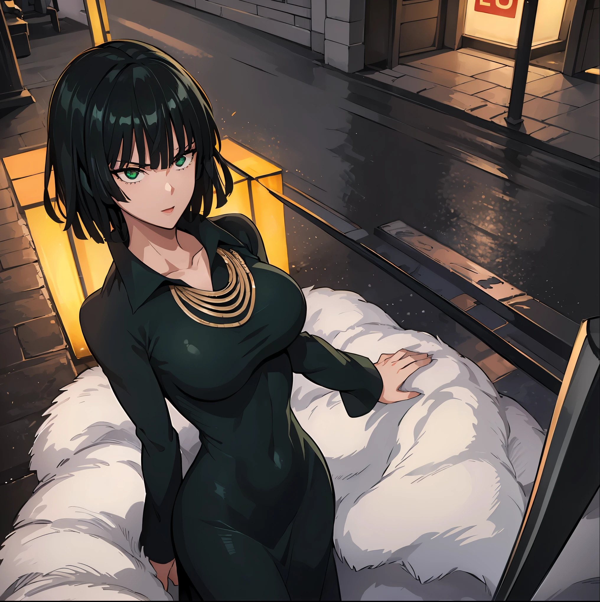 ((1girl)), ((alone)), Fubuki, ((Extremely detailed CG unity 4k wallpaper)), (Masterpiece), (ultra quality), (Ultra detailed), (best illustration), (best shadow ), (extremely detailed), looking at viewer, (absurdities), (detailed background), curvy body, dynamic pose, cowboy photo, large breasts, narrow waist, wide hips, medium thighs, butt round, black hair, (green eyes: 1.2), short short hair, big breasts, black dress, dress, white fur coat, high collar, jewelry, necklace, trimmed shoulders, tight clothing, tightly dressed , smile, open mouth, seductive, standing, cowboy photo, leaning forward, leaning, backlighting, ((solo)), ((Standing:1.4, outdoors, city, cityscape, streets, night, streetlights City, arms behind back)), looking forward,((focus on breasts)), point of view: (from above), perfect anatomy, perfect hands