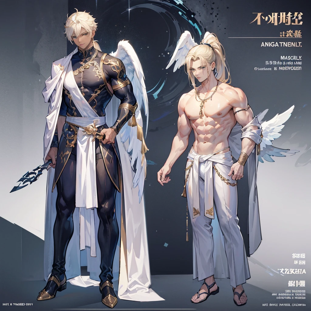 (Masterpiece, best quality), detailed, 1 man, ((character concept art)), ((character design sheet, same character, front, side, back)), full body, body complete, 1 Male angel, 1 Man angel, Detailed face, character design sheet,full bodyesbian, Highly detailed, character sheet, character design, Many parts, dark skin, angel wings, long ponytail blonde hair, angel outfit, muscle male god, male clothes, masculine, muscle man, male muscle, manly, male angel, Muscle male with long ponytail blonde hair,beautiful man, beautiful muscle man, abs, pectoral muscle