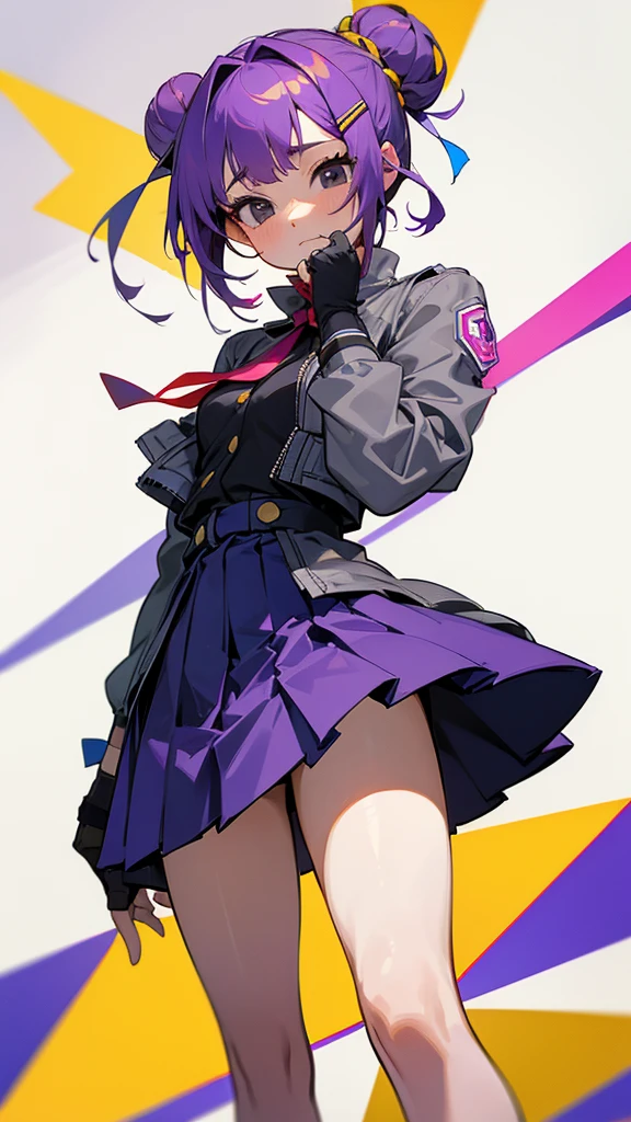 Top Quality, 8K, 4K, High Definition, Detail, (better-quality, 8K, 12), top-quality, 1 girl、purple short bob hair clip tied into a bun、black eyes、small breasts、uniform、gray jacket with pink line、blue skirt、 fingerless gloves、thighs、Ilcha fousing on her, surprise face, having her handon her face, making cute expressing face. picture pose, she is standing up, she has a loil pop in her mouth, she up close only showing her wraist and up.