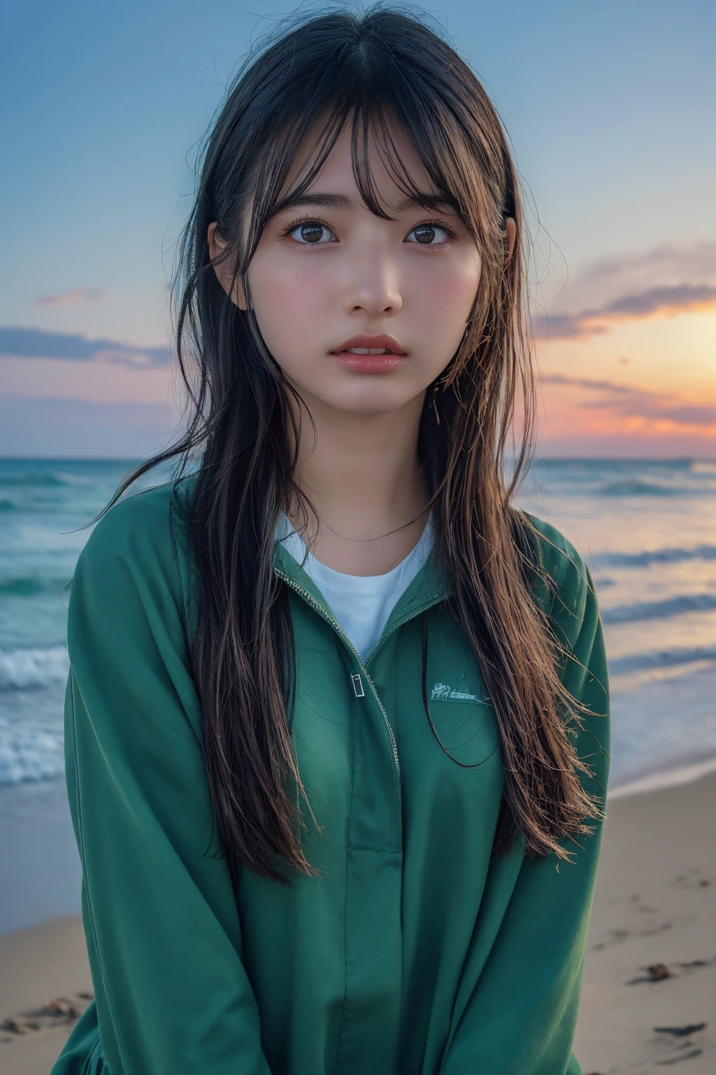 (Highest quality:1.4),(masterpiece:1.4),(Realistic:1.4),(Realistic:1.2),(超High resolution, RAW Photos:1.4),(High resolution, Super detailed:1.2),(8K:1.2),View your audience,a photo of a dark-haired,One Girl,beach, Starry sky, wearing plunging, wearing green