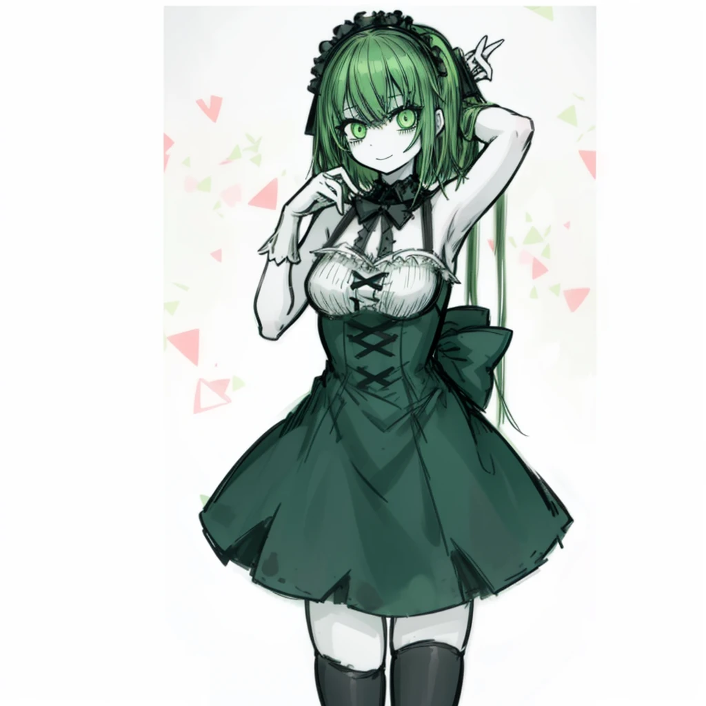 1girl ,green eyes,green hair,short maid dress ,pale skin, (masterpiece, anatomically correct, high detail, high quality, 8k), happy, smile