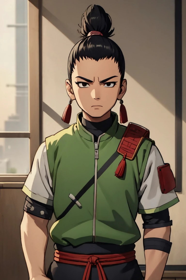 Shikamaru with a samurai clothing preferably with colors like red, black and white details, that your hairstyle be tied hair if possible braids, let everything have a 2d animated scott pilgrim style