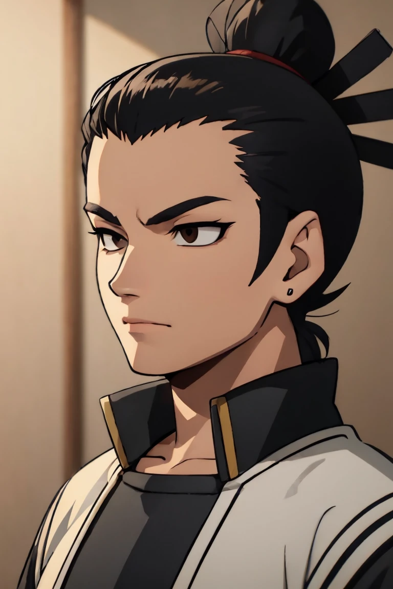 Shikamaru with a samurai clothing preferably with colors like red, black and white details, that your hairstyle be tied hair if possible braids, let everything have a 2d animated scott pilgrim style