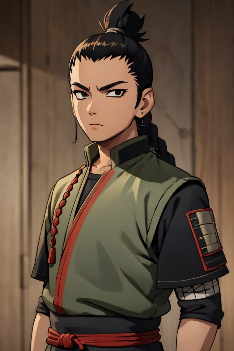 Shikamaru with a samurai clothing preferably with colors like red, black and white details, that your hairstyle be tied hair if possible braids, let everything have a 2d animated scott pilgrim style