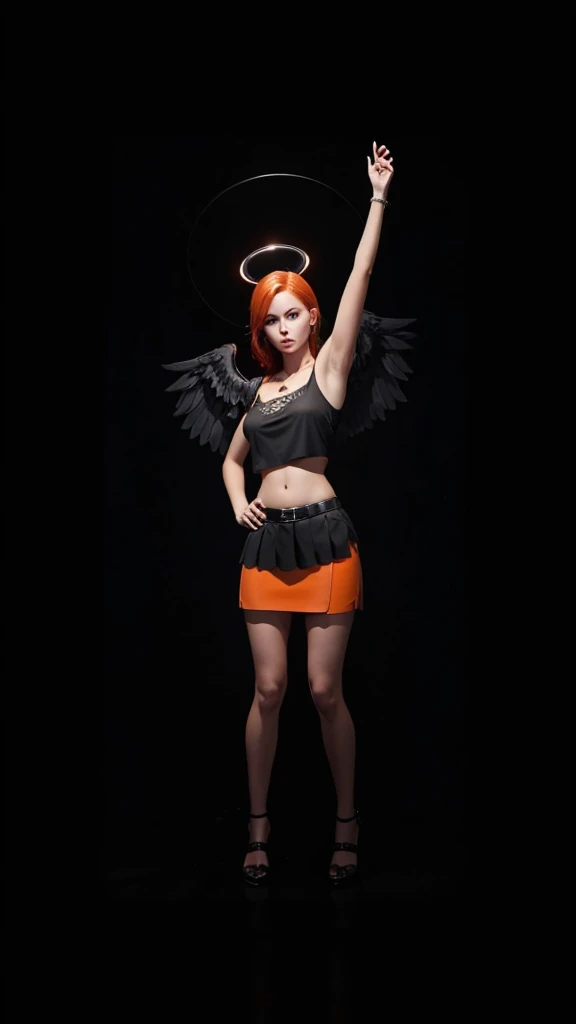 A beautiful girl with red hair, de corpo inteiro, skin fair, short black skirt with orange detail, um cropped preto, with black wings and halo over the head.