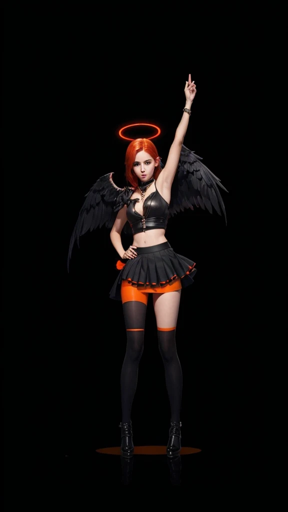 A beautiful girl with red hair, de corpo inteiro, skin fair, short black skirt with orange detail, um cropped preto, with black wings and halo over the head.