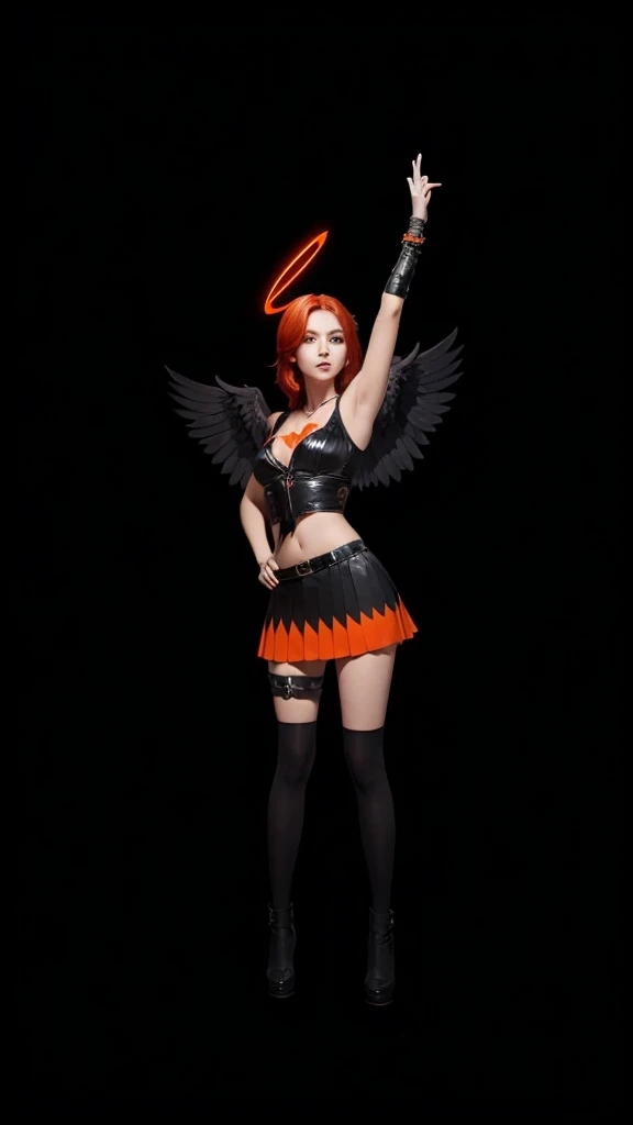 A beautiful girl with red hair, de corpo inteiro, skin fair, short black skirt with orange detail, um cropped preto, with black wings and halo over the head.