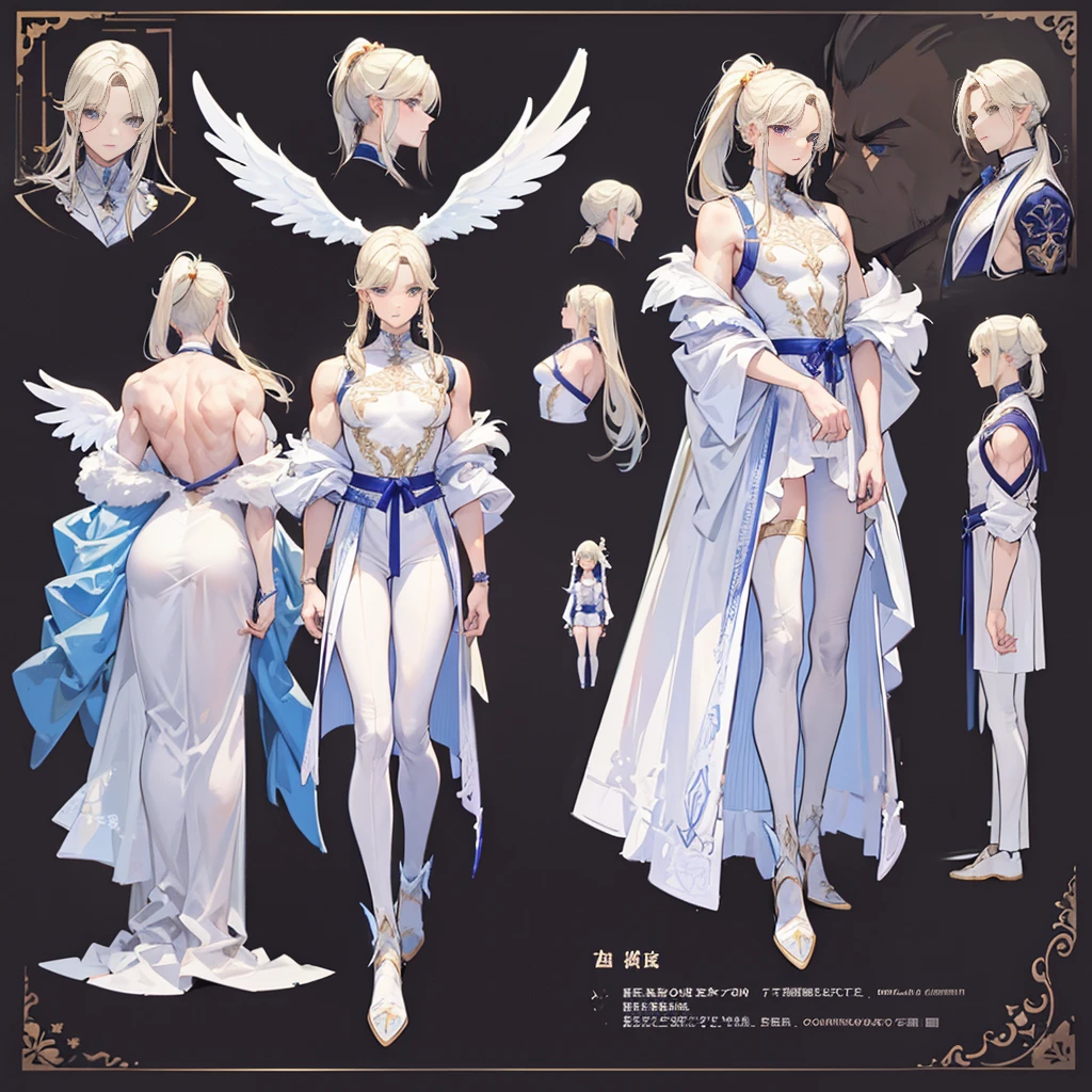 (Masterpiece, best quality), detailed, 1 man, ((character concept art)), ((character design sheet, same character, front, side, back)), full body, body complete, 1 Male angel, 1 Man angel, Detailed face, character design sheet,full bodyesbian, Highly detailed, character sheet, character design, Many parts, dark skin, angel wings, long ponytail blonde hair, angel outfit, muscle male god, male clothes, masculine, muscle man, male muscle, manly, male angel, Muscle male with long ponytail blonde hair,beautiful man, beautiful muscle man