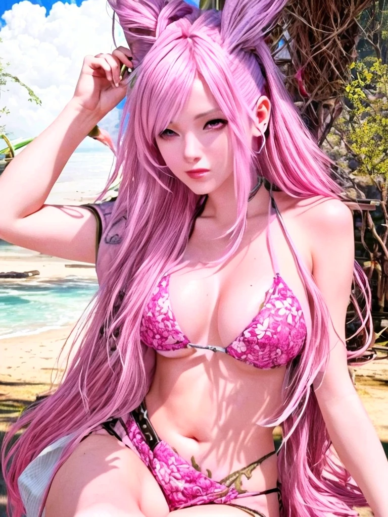 Beautiful with pink hair and purple eyes just like the image on the sexy beach on a very beautiful paradise beach pelo corto y sus orejas de conejita agrega las orejas