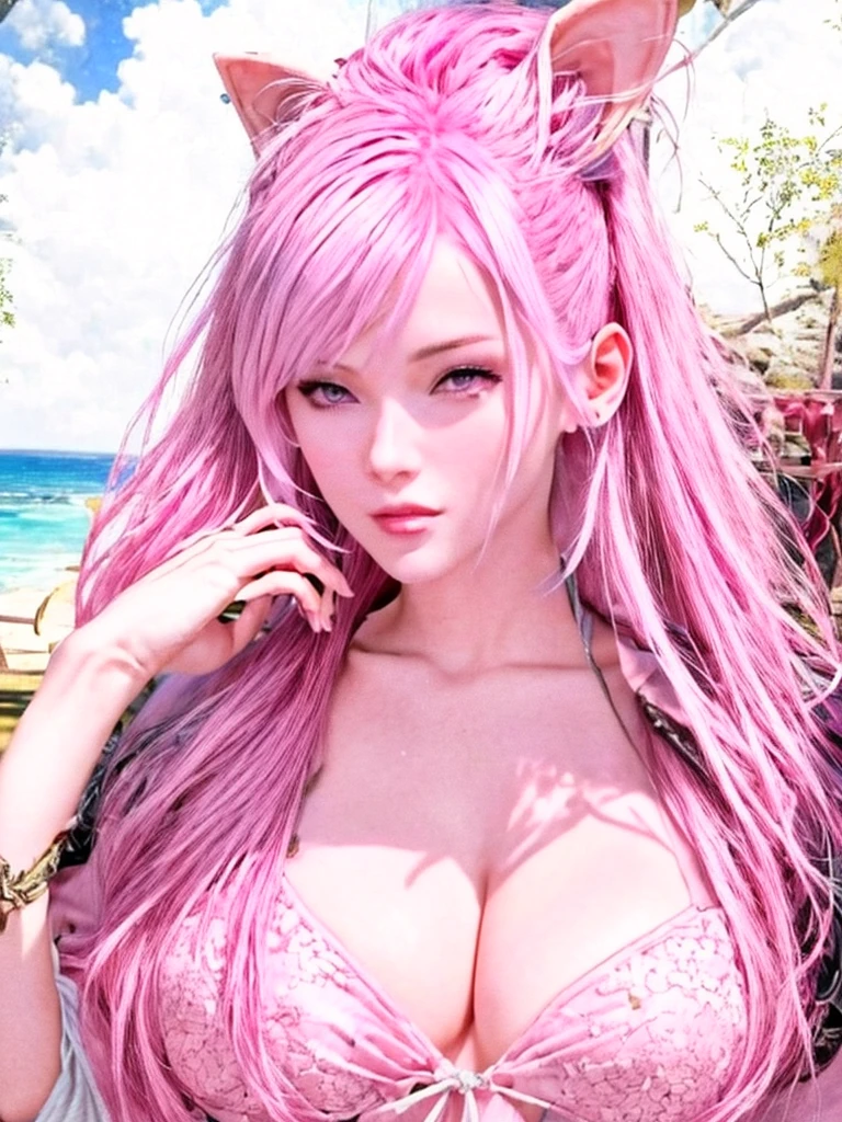 Beautiful with pink hair and purple eyes just like the image on the sexy beach on a very beautiful paradise beach pelo corto y sus orejas de conejita agrega las orejas