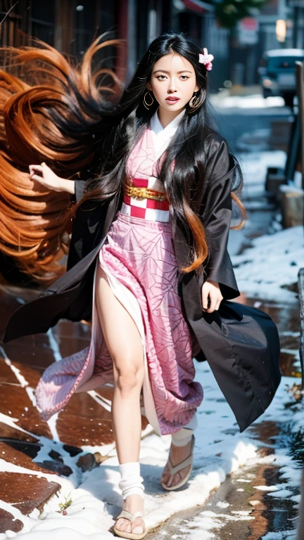 Anime girl in kimono walking in the snow with an axe, nezuko, nezuko-chan, shuushuu anime image, Flowing hair and long robes, onmyoji, By Ren, Demon Slayer Art Style, Demon Slayer Louis Fan Art, Anime Wallpaper, Kimetsu no Yaiba, Full body martial arts, Amaterasu Oomikami