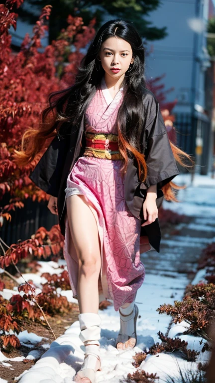 Anime girl in kimono walking in the snow with an axe, nezuko, nezuko-chan, shuushuu anime image, Flowing hair and long robes, onmyoji, By Ren, Demon Slayer Art Style, Demon Slayer Louis Fan Art, Anime Wallpaper, Kimetsu no Yaiba, Full body martial arts, Amaterasu Oomikami