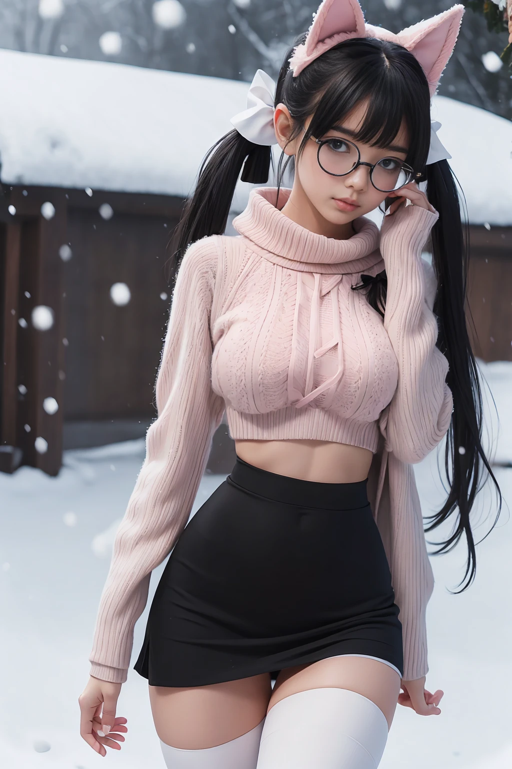 (Best Quality,High resolution:1.2), Ultra-detailed, Realistic portrait, hot Russian girl, pretty face, perfect long legs, full body, tiny waist. large breasts, standing, tight white cropped jumper, black high waist leggings, pink and white snow boots, in the snow, large blue eyes, long black hair tied up with a ribbon, pigtails, tight high waist mini skirt, woolen socks, hair bangs, snowing, foggy, (large round black rimmed glasses), cat ears, (large bow at the back of head, midriff)