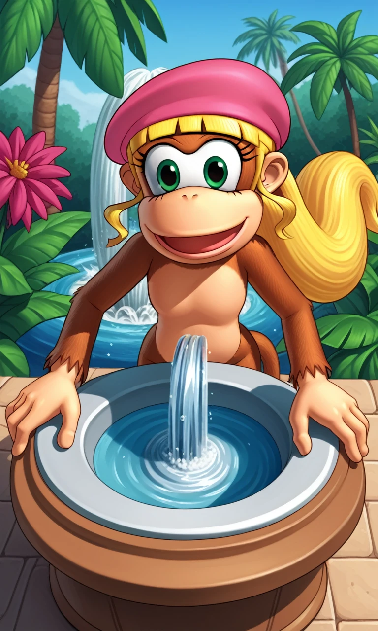 score_9,score_8_above,score_7_above BREAK solo female,fountain_Cartoon,fountain_furry,Dixie Kong,kong,looking at the viewer,SMILE,Open mouth,undulation,3D,outdoor,jungle, nude flat chest