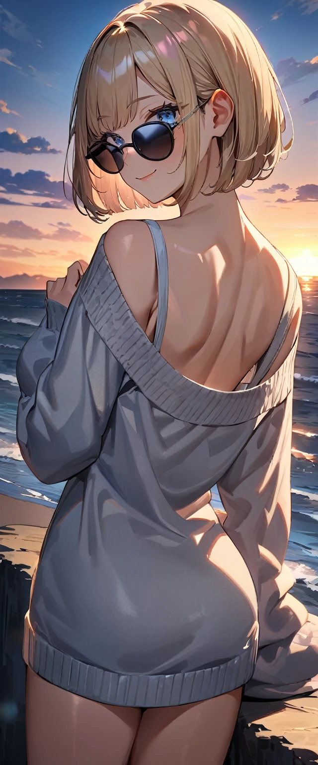 (((One girl))), (((looking back:1.3))), sea, beach, Sunset, evening, Sitting on a cliff, (((shot from behind))), (((Bare legs))), ((aran sweater)), peace fingers, blond hair, ((sunglasses, hand to sunglasses)), (bob cut:1.3)), breasts, cleavage, (cowboy shot), standard body, (looking at viewer), oversized clothes, puffy long sleeves, collarbone, ((off-shoulder sweater dress:1.3, Quite thick shoulder straps)), (((sleeves past wrists:1.3))), ((black sweater)), teenager, head tilt:1.3, (((blue eye))), ((happy smile)), (((anime style))), (best quality, 4K, 8K, highres, masterpiece:1.2, ultra-detailed, ultra-detailed eyes, HDR, uhd, studio lighting, ultra-fine painting, sharp focus, physically-based rendering, extreme detail description, professional, vivid colors, bokeh), ((Highest quality, Best image quality, Ultra-high resolution, Ultra-high resolution, solo, Strong eye highlights)), Depth of written boundary, Natural soft light, attractive, Beautiful Face, Cleanliness, Pure Face, Nedium chest, Beautiful Face, Perfect Fingers, Perfect hands, Perfect body, Perfect Face, Shine a light into your eyes, Perfect Anatomy