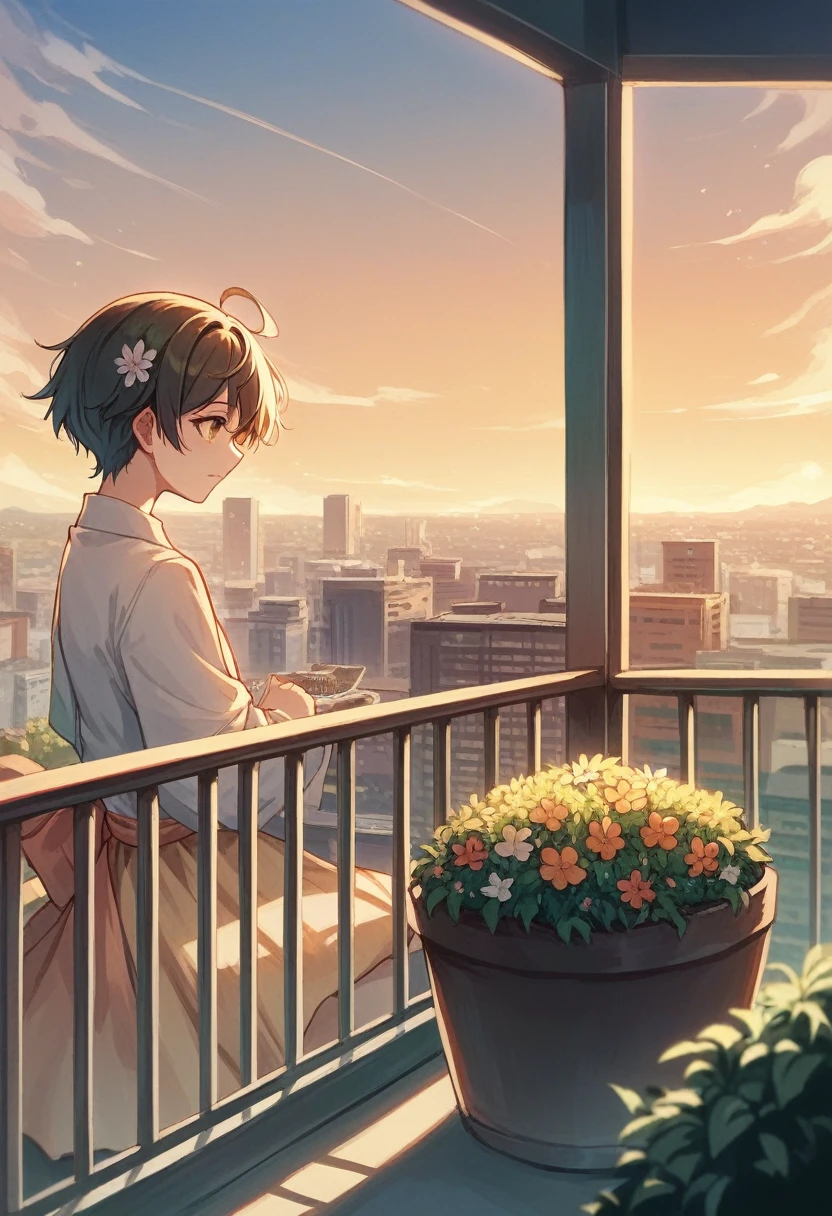(Shinkai Makoto style) Apartment balcony, angle is from the side outside, small flower planter, Tokyo cityscape in the back, orange sunset and incoming clouds. 8K high-resolution landscape is really detailed and beautiful. (Very detailed: 1.5)(drawing deepening)