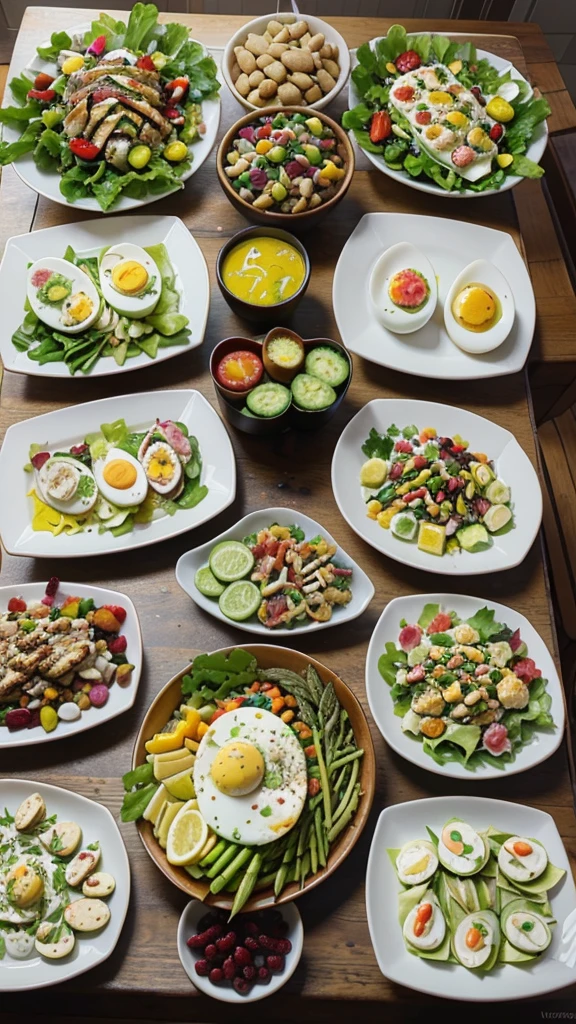 Colorful and Varied Keto Lunch Platter: A beautifully arranged platter with various keto-friendly foods, such as avocado, bacon-wrapped asparagus, deviled eggs, colorful salads, and grilled chicken. The vibrant colors and variety will catch the viewer’s eye.