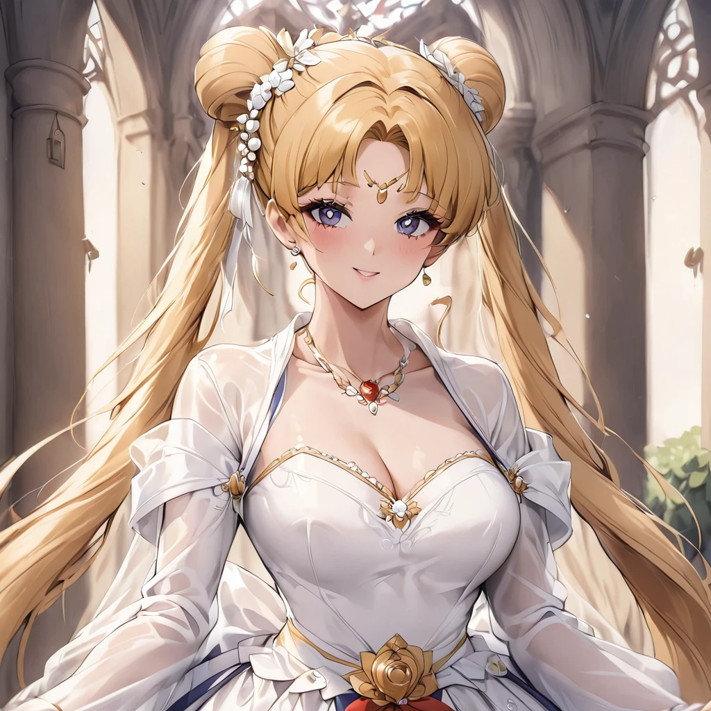 ((Highest quality)), ((masterpiece)), (detailed), （Perfect Face）、The woman is getting married to the man in a full Hanfu wedding dress at a luxurious church in China.、The woman has a gorgeous hairstyle and wears gorgeous jewellery.、The woman is the elegant Tsukino Usagi, with long blonde hair in a chignon twin tail.、A man is dressed in a Hanfu groom costume and is having a wedding with a woman