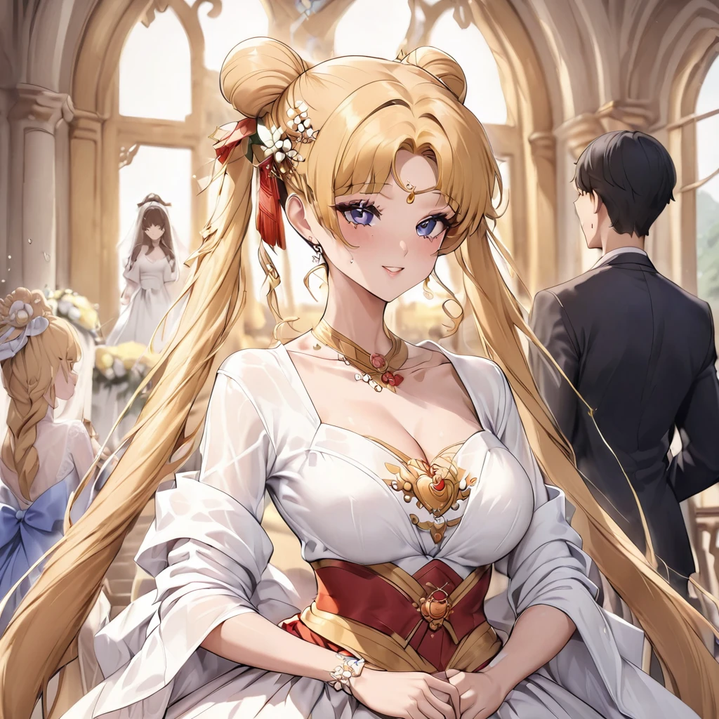 ((Highest quality)), ((masterpiece)), (detailed), （Perfect Face）、The woman is getting married to the man in a full Hanfu wedding dress at a luxurious church in China.、The woman has a gorgeous hairstyle and wears gorgeous jewellery.、The woman is the elegant Tsukino Usagi, with long blonde hair in a chignon twin tail.、A man is dressed in a Hanfu groom costume and is having a wedding with a woman