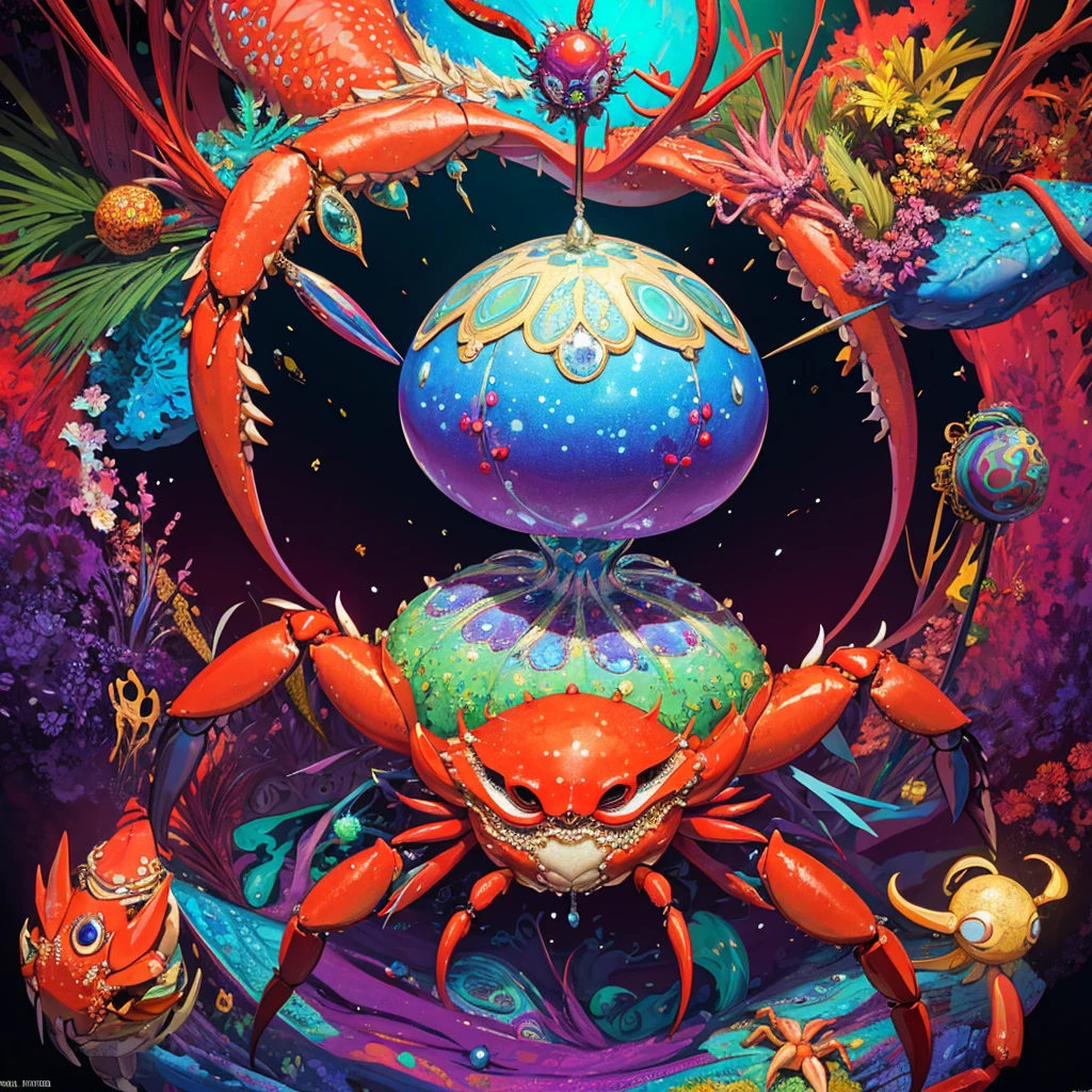 crab,psychedelic art,psyche,jewels,HD,Detailed Background, masterpiece, highest quality,