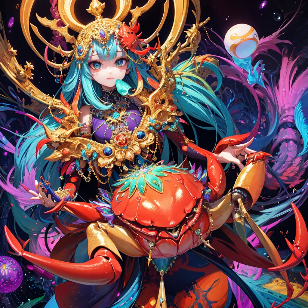 crab,psychedelic art,psyche,jewels,HD,Detailed Background, masterpiece, highest quality,