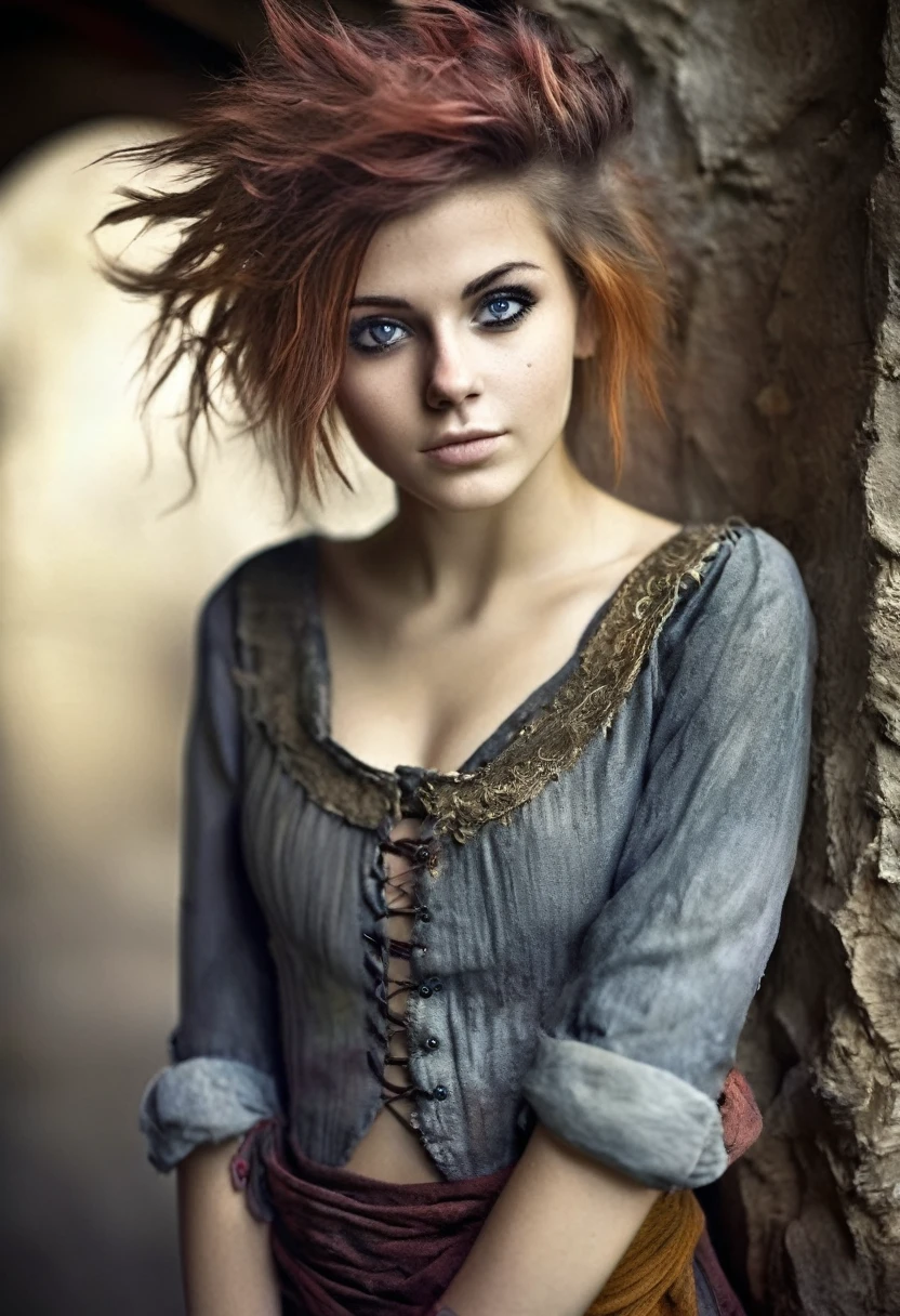 photorealistic, cute woman with messy hair and poor tattered clothes, beautiful sexy, (detailed medieval background), ultra sharp focus, detailed face, (((posing))), random hair color, short hair, pretty eyes, whole body, High quality analog color photography., depth of field, film grain