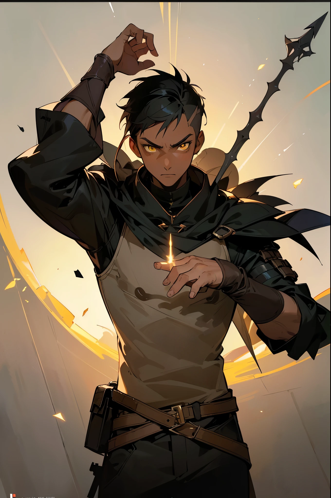 (high-quality, breathtaking),(expressive eyes, perfect face) ((1boy)), male, solo, young adult, black hair, yellow eyes, (short spiky hairstyles) short hair length, (dark skin), soft serious expression, Archer profession, thief attire, cargo pants, lots of belts, Black leather armor, cloak and dagger, environment background, fantasy clothing, fantasy attire, DnD rogue Class, half body, black and brown clothing palette, ((tan skin color)), rogue, leather arm guards, fantasy, (big Stigmata), character focus, ((black light)),((dark lighting)), cinematic lighting ,(darkness), (concept art), (glowing eyes), high resolution, extremely detailed CG unity 8k wallpaper, ((masterpiece)), ((top-quality)), (beautiful illustration), ((an extremely delicate and beautiful)), (masterpiece, Best quality, ultra high resolution), glowing yellow eyes, Luminous_eyes, ultra detailed eyes, Beautiful and detailed face, detailed eyes, (Centered, torso), (wide shot:0.9), facing the viewer, Eye level, ((fully clothed))
