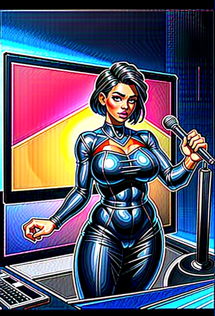 Hyper-detailed realistic photo: depiction of a beautiful light-skinned full figured black streamer girl talking into the microphone, surrounded by a sleek and modern streaming setup. The setup includes high-quality equipment such as a professional microphone, a high-definition webcam, and a top-of-the-line gaming PC. Streamer girl, attractive, light-skinned black, streaming equipment, microphone, webcam, gaming setup, high-resolution, digital art, trendy, captivating, professional, trending on social media. Background: black desert, black, pink and blue mountains, blue sky and bright lighting, 3d rendering, 8k post production
