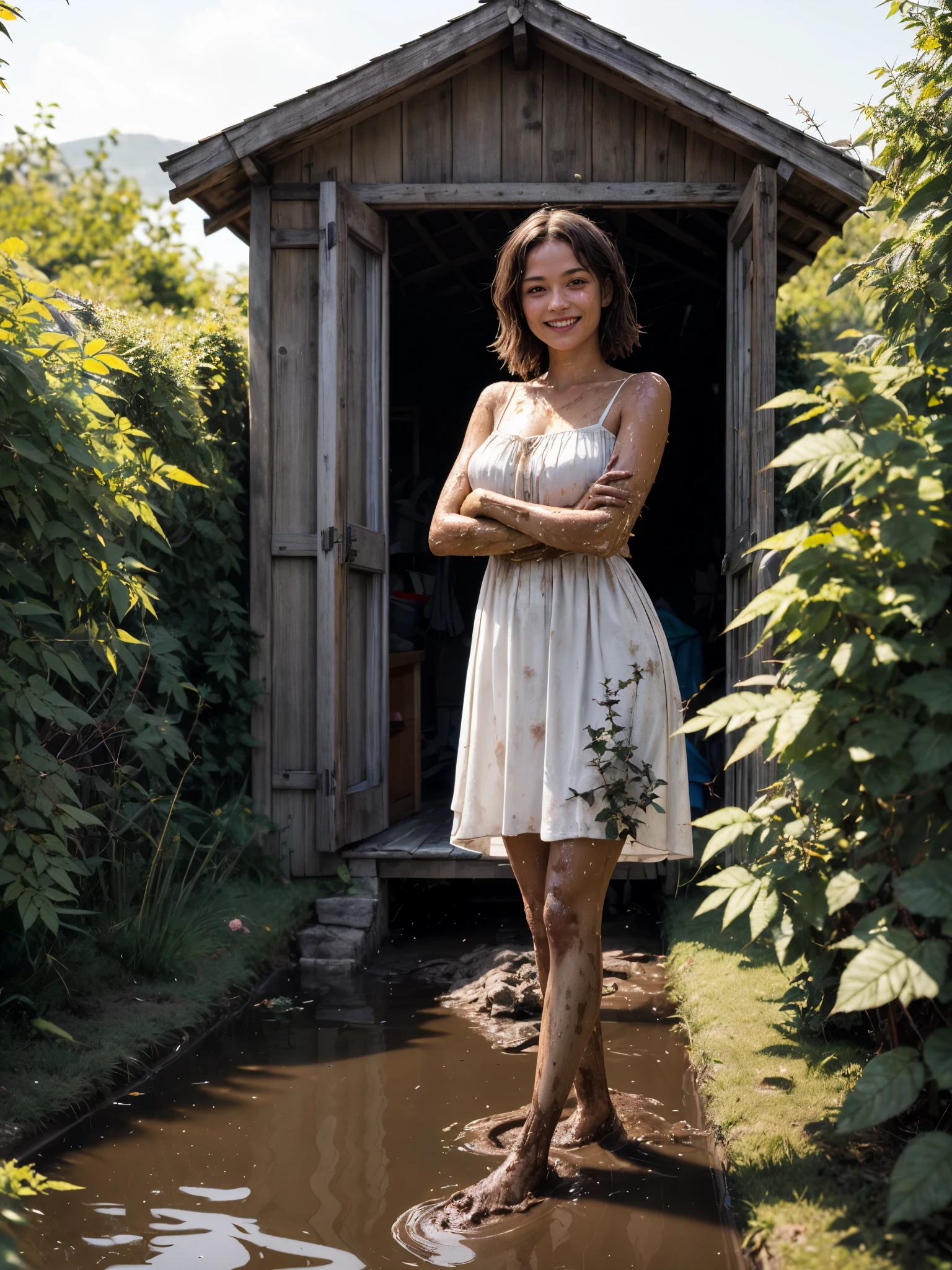 1girl, greek dress, detailed face, looking at viewer, smile, flooding puddle, (wild shrubs:1.2), small rickety hut, outdoor, direct sunlight, natural light, photorealistic, cinematic lighting, dirty muddy clothes, gigantic breast,