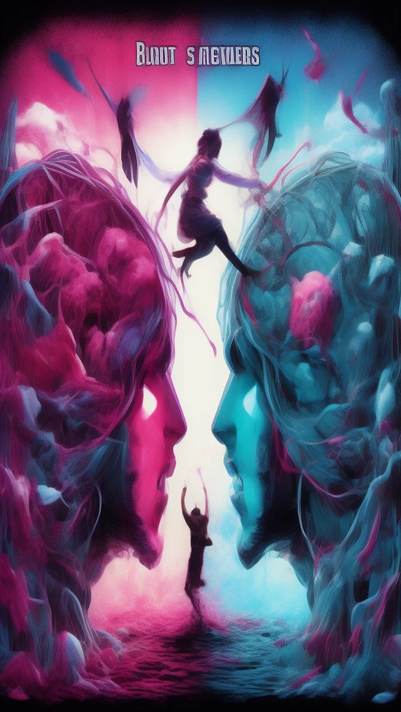 blood scavengers opposite world dream cyan magenta. A fight inside a broken mind. A splendid beautiful trans woman trying to emerge as the future in an astonishing panorama of end times.