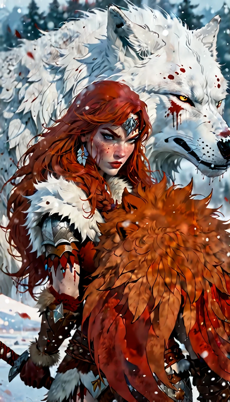 A fierce redhead warrior, Red Sonja, with her companion a huge giant wolf in a snowy landscape, blood stains on the pristine white snow , ultra detailed,,vivid colors,bokeh,portraits,concept art,dramatic lighting,cold tones,snow, ice, winter, art inspired by Bill Sienkiewicz