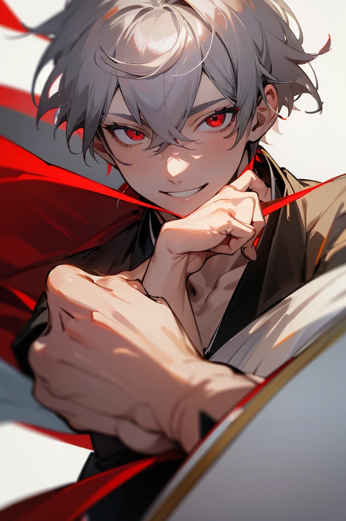 masterpiece,highres,highly detailed,male focus,1boy,solo,red eyes,grey hair,smile
