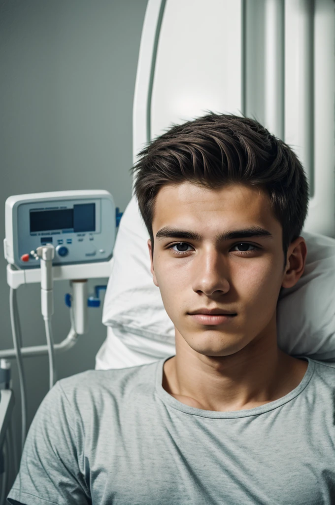 photography of a 20yo man, in comatose state, intensive care unit, no left hand, half face bandage
