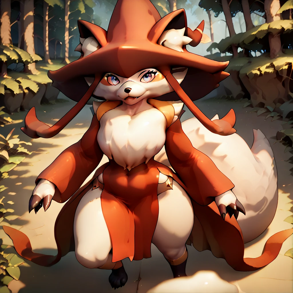 (Wixen)(sexy)(woman)(detailed face)(red witch hat)(white skin)(blush)(red cloth coat) detailed clothes, [[fox]] good anatomy(medium size breast)(medium size ass)standing straight, detailed tail, front view, 2d artstyle, (forest)