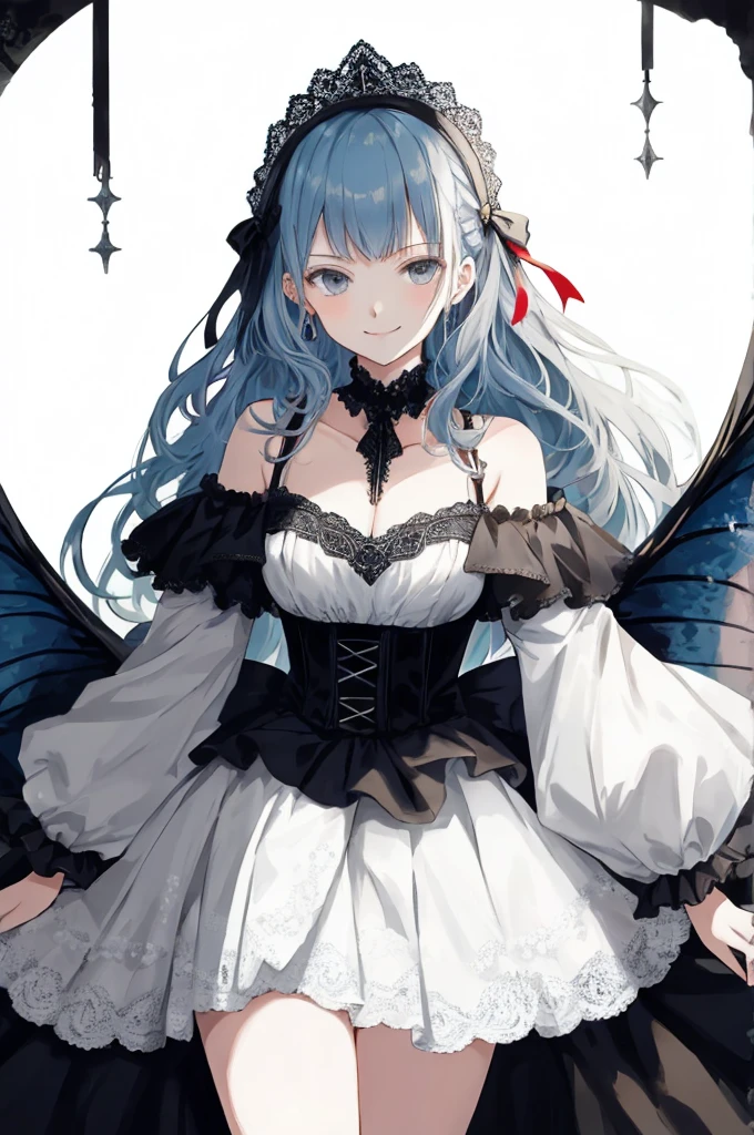  ((best quality)), ((masterpiece)), (detailed), 1girl, Character design, female, dynamic poses, long blue hair, grey white eyes, very skinny, detailed, best quality, no accesoires around the neck, prominent collarbones, skinny arms, upper body, blank white background, plain background, white background, ((red and white clothing)), Bloodborne inspired, occult aesthetic, occult, detailed and intricate steampunk and detailed gothic, Very dramatic and cinematic lighting, cosmic horror, grim-dark, side-lighting, perfect face,  Fluttering lace flared long knee length dress with frilly petticoats, knee length dress, pleated petticoats, petticoats gothic, complex lace boots, side-lighting, gothic aesthetic, wielding a mighty sword with mechanical components, mandalas, small breasts, a fairy, various different types of insect wings,upper body, upper body, white holy clothes,white holy clothes,((evil smile)),blue hair,