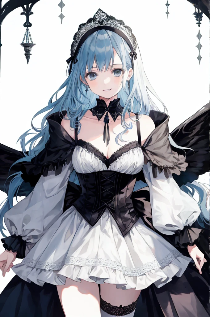  ((best quality)), ((masterpiece)), (detailed), 1girl, Character design, female, dynamic poses, long blue hair, grey white eyes, very skinny, detailed, best quality, no accesoires around the neck, prominent collarbones, skinny arms, upper body, blank white background, plain background, white background, ((red and white clothing)), Bloodborne inspired, occult aesthetic, occult, detailed and intricate steampunk and detailed gothic, Very dramatic and cinematic lighting, cosmic horror, grim-dark, side-lighting, perfect face,  Fluttering lace flared long knee length dress with frilly petticoats, knee length dress, pleated petticoats, petticoats gothic, complex lace boots, side-lighting, gothic aesthetic, wielding a mighty sword with mechanical components, mandalas, small breasts, a fairy, various different types of insect wings,upper body, upper body, white holy clothes,white holy clothes,((evil smile)),blue hair,